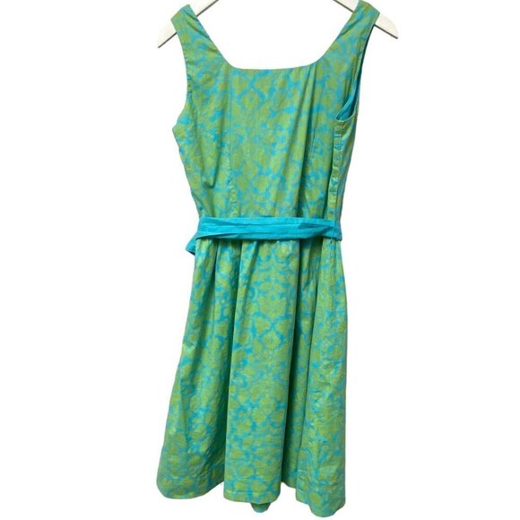 GARNET HILL Cotton Dress Size 8 Green Blue Boho Preppy Print Sleeveless Sash Tie - Picture 3 of 13